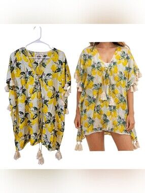 Z&L Lemon Tassel Kimono Coverup Metallic Thread Stripes Size S/M